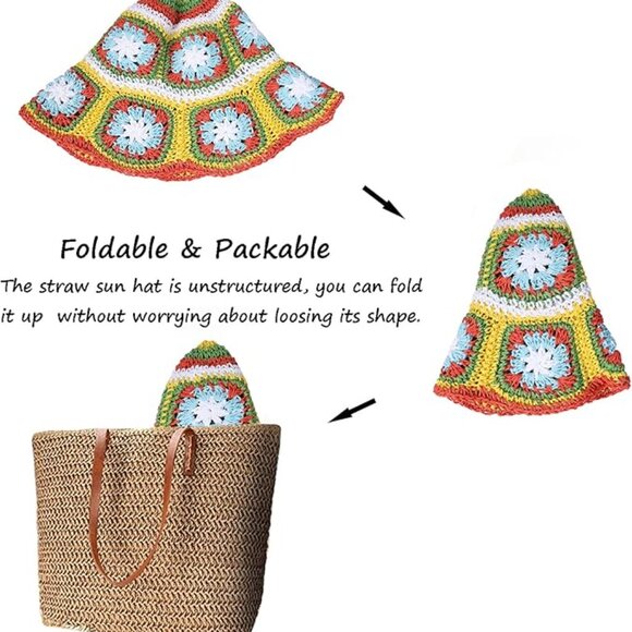 Multi Bright Printed Floral Straw Crochet Hat New main image 4